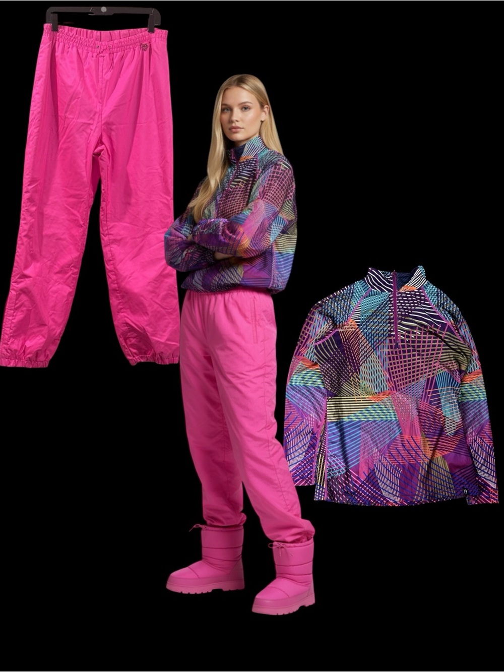 SNO SKINS Women's 1/4 Zip Ski Top Base Layer & Hot Pink Ski Pants